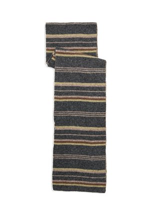 Dunkelgrauer Wollschal mit horizontalen Streifen in Beige, Braun und gedämpftem Gelb, auf weißem Hintergrund gefaltet.