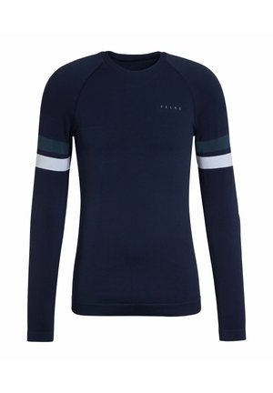 Camicia a maniche lunghe blu navy con scollo a V, caratterizzata da strisce a contrasto in verde scuro, azzurro chiaro e bianco sulle maniche. Tessuto morbido e strutturato.