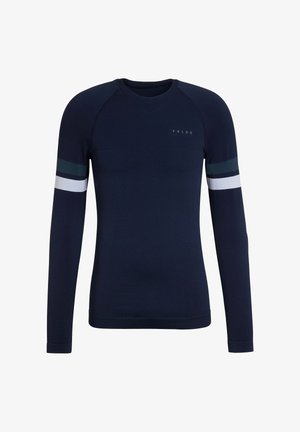 Navy long-sleeve shirt with a V-neck, featuring contrasting stripes in dark green, light blue, and white on the sleeves. Soft, textured fabric.