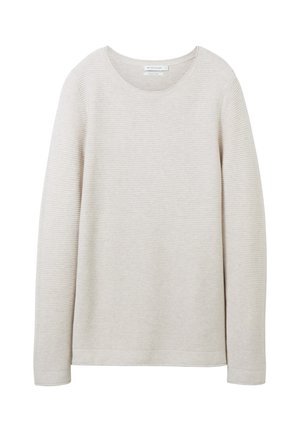 Beige sveter s dlhým rukávom a okrúhlym výstrihom, s jemnou rebrovanou textúrou a rovný strih, vyrobený z mäkkého a elastického materiálu.