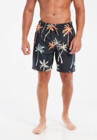 Crne kupaće shorts s printom palmi u narančastoj i plavoj boji. Lagani materijal s elastičnom strukom i detaljem s vezicom.