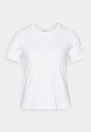 Biele tričko s krátkym rukávom vyrobené z jemnej zmesi bavlny, s okrúhlym výstrihom a raglánovými rukávmi, hladká textúra bez vzorov.