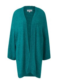Türkiser Strickcardigan mit weit geöffnetem Vorderteil, kurzen Ärmeln und gerippten Akzenten am Saum und an den Bündchen. Weiche Textur, lockere Passform.