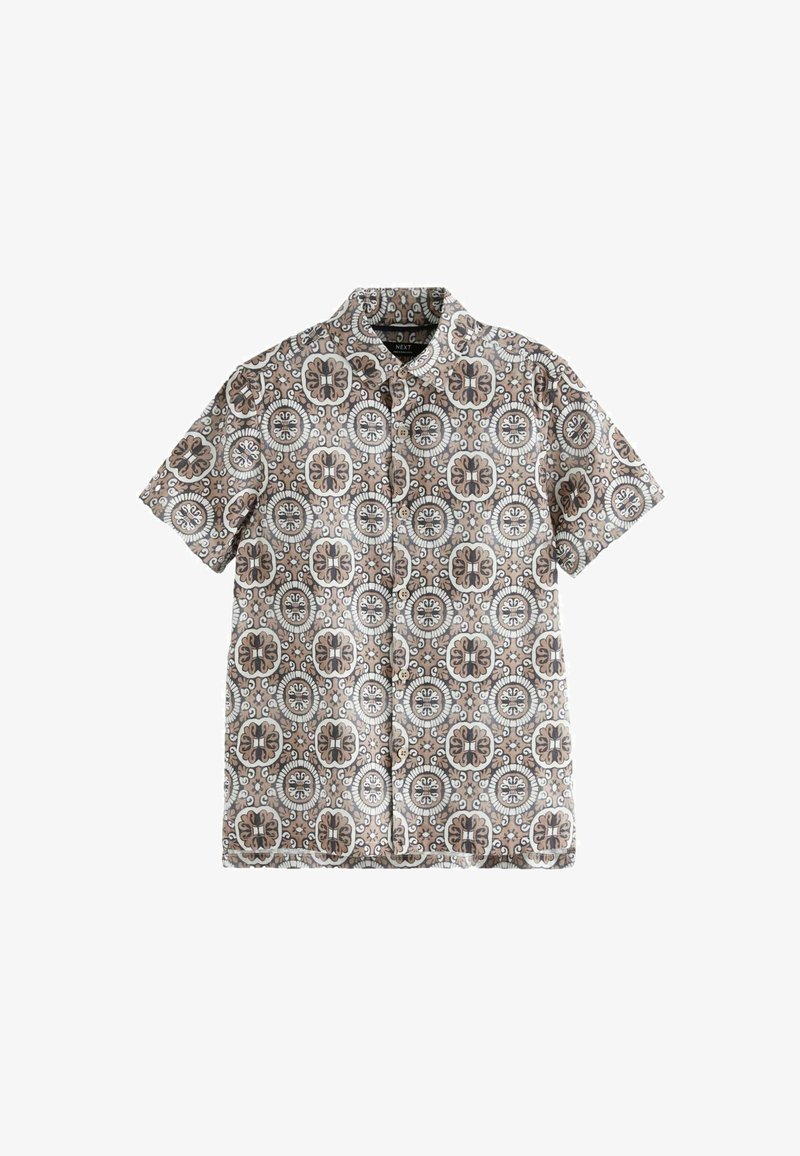 Lühikeste varrukatega nuppudega särk pruuni ja beeži lillemustriga, millel on kohandatud krae ja kergest materjalist sile tekstuur.