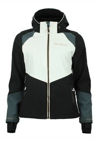 Sort, hvid og grå softshell-jakke med lynlås foran, justerbar hætte og sidelommer. Har farveblokering design og tekstilstruktur.