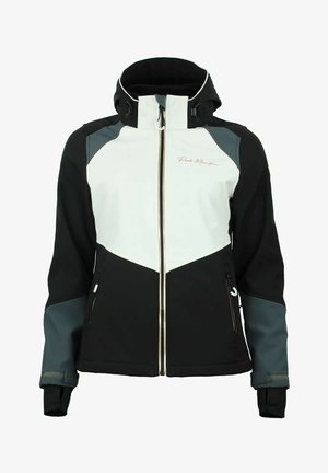 Giacca softshell nera, bianca e grigia con zip frontale, cappuccio regolabile e tasche laterali. Presenta un design a blocchi di colore e una texture tessile.