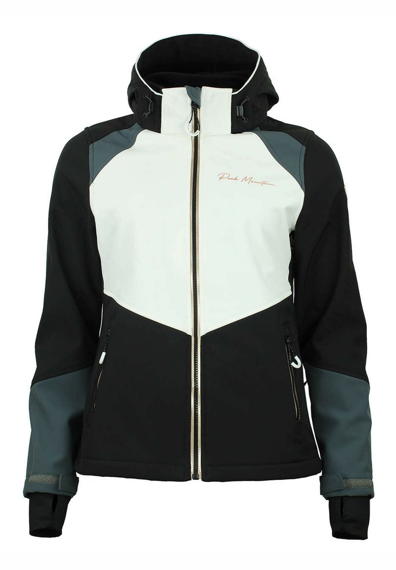 Sort, hvid og grå softshell-jakke med lynlås foran, justerbar hætte og sidelommer. Har farveblokering design og tekstilstruktur.