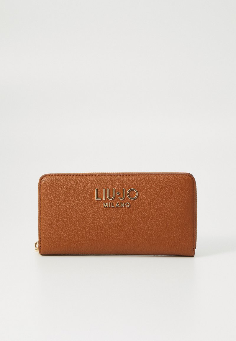 Brown textured leather wallet featuring a gold embossed logo, zip closure, and a rectangular shape with clean lines.