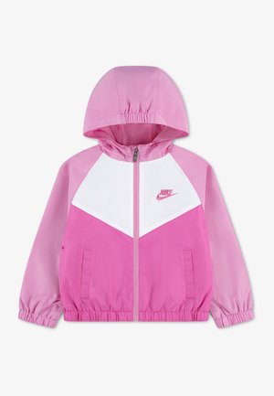 Lasten pinkki ja valkoinen Nike-huppari edessä vetoketjulla, joustavilla hihojen resoreilla ja kahdella etutaskulla.
