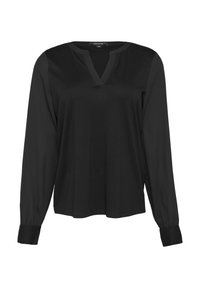Schwarzes Langarmshirt mit V-Ausschnitt, aus einem gemischten Stoff mit glatter Textur und kontrastierenden Bündchen, das einen lässigen Schnitt bietet.