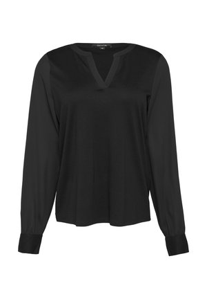 Black long-sleeve top featuring a V-neckline, a blended fabric with smooth texture, and contrasting cuffs, providing a relaxed fit.