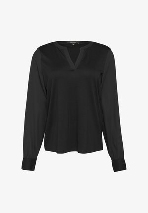 Black long-sleeve top featuring a V-neckline, a blended fabric with smooth texture, and contrasting cuffs, providing a relaxed fit.