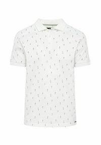 Biała koszulka polo z bawełny, z powtarzającym się czarnym wzorem kwiatowym. Posiada kołnierzyk i krótkie rękawy. Trzy guziki przy dekolcie.