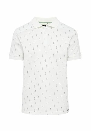 Biała koszulka polo z bawełny, z powtarzającym się czarnym wzorem kwiatowym. Posiada kołnierzyk i krótkie rękawy. Trzy guziki przy dekolcie.
