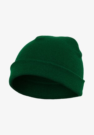 Zielona dziana czapka beanie o rypsowym wzorze, z podwiniętym mankietem i miękkiego materiału. Charakteryzuje się prostym, nieozdobionym wzornictwem.