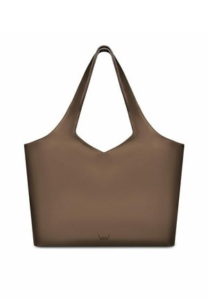 Brown leather tote bag with a wide, curved top and two long shoulder straps. Smooth texture with a subtle logo on the bottom.