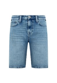 Light blue denim shorts, featuring a classic five-pocket design, button closure, and a straight cut with a slightly faded texture.