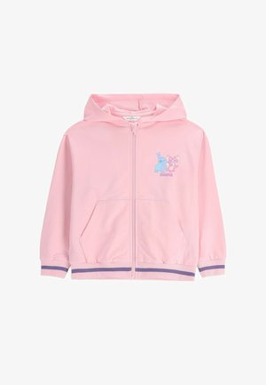 Jasnoróżowa dziecięca bluza rozpinana na zamek z kapturem, przednimi kieszeniami, paskowanymi ściągaczami oraz małymi niebieskimi i różowymi postaciami z kreskówki i napisem "ohana" na piersi.