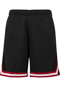 Shorts de sport noirs en tissu en maille, dotés d'une taille élastique confortable et d'accents rayés rouges et blancs sur les ourlets.