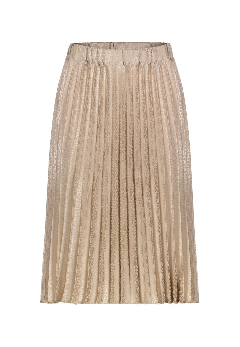 Faltenrock aus leichtem beigem Stoff mit subtiler Struktur. Verfügt über einen definierten Bund und eine A-Linien-Silhouette, die bis zur Mitte der Waden reicht.
