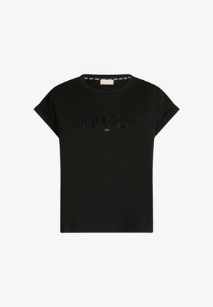 T-shirt nera a maniche corte con collo rotondo, caratterizzata da un logo lucido "LIU·JO" e "1995" in oro sottostante. Materiale in cotone morbido, vestibilità comoda.