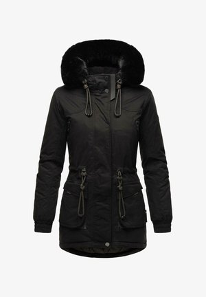 Black parka jacket with a faux fur-lined hood, drawstring accents, two front pockets, and cuffed sleeves. Smooth texture and mid-length design.
