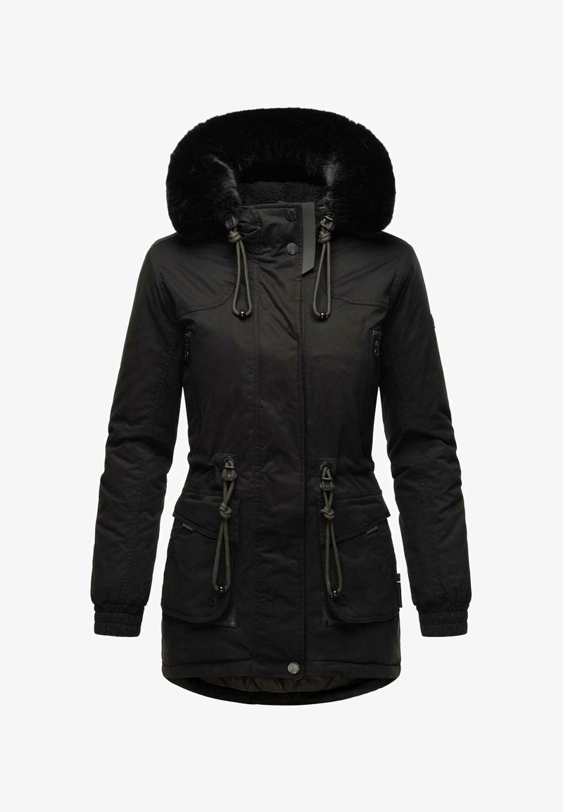 Black parka jacket with a faux fur-lined hood, drawstring accents, two front pockets, and cuffed sleeves. Smooth texture and mid-length design.