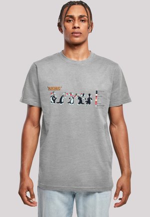 Grå bomull T-skjorte med et fargerikt tegneserieprint av seks pingviner og en logo. Korte ermer med klassisk rund hals.