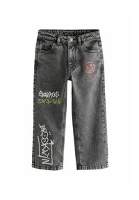 Hallid hall denim teksad, mis on laia lõikega. Loodud roheliste, punaste ja valgete graafiliste printidega. Sisaldab esipokke ja õmbluse detaile.