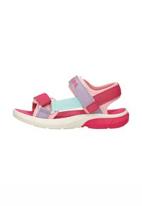 Sandali per bambini in rosa, lavanda e menta con cinturini regolabili, tessuto strutturato e una suola spessa bianca e rosa.