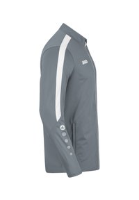 Graue Sportjacke mit einem Reißverschlusskragen, weißen Seitenstreifen und Knopfdetails an den Ärmeln. Hergestellt aus einem glatten, leichten Stoff.