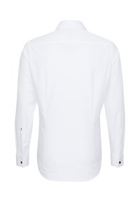 Chemise blanche à manches longues vue de dos, avec poignets boutonnés et col classique, sur fond blanc uni.