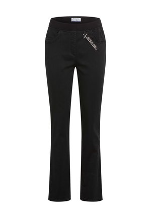 Schwarze Denim-Hosen mit einem weichen, elastischen Bund, zwei Fronttaschen und einem leichten Schimmer an den Beinen. Enthält ein Markenetikett und Nähdetails.