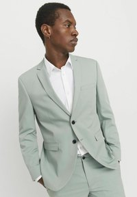 Traje verde claro con un diseño ajustado, dos botones y solapa con muesca. Combinado con una camisa blanca. Textura suave con un sutil brillo.