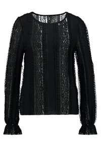 Schwarzes Spitzenoberteil mit langen Ärmeln und strukturierten Akzenten, einem runden Ausschnitt und durchgehenden vertikalen Streifenmustern.