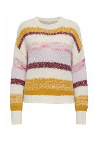 Strickpullover mit mehrfarbigen Streifen in Creme, Gelb, Weinrot, Pink und Flieder. Runder Ausschnitt, lange Ärmel, gerippte Bündchen und Saum.