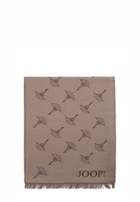 Écharpe marron avec un motif tissé de dessins floraux en marron foncé, bordée de franges et portant le mot « JOOP! » près du bas.