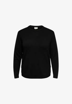 Pull en maille noir à manches longues avec col rond et boutons décoratifs sur les côtés, présenté sur un fond blanc uni.