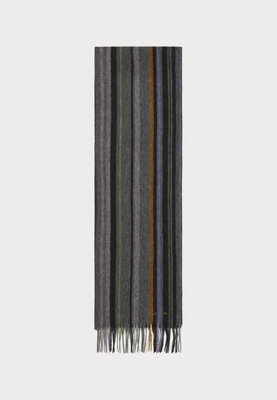 Écharpe en laine avec des rayures verticales en gris, noir, vert, violet et orange. Présente des bords à franges et une texture douce.