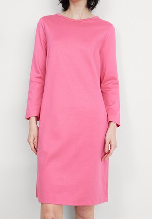 Kvinde iført en ensfarvet lyserød, langærmet kjole i knælængde med bådudskæring mod en hvid baggrund.