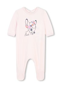 Un body rose clair en tissu doux, mettant en avant une illustration de Bambi avec une couronne de fleurs. Avec manches longues et design à pieds pour garder au chaud.