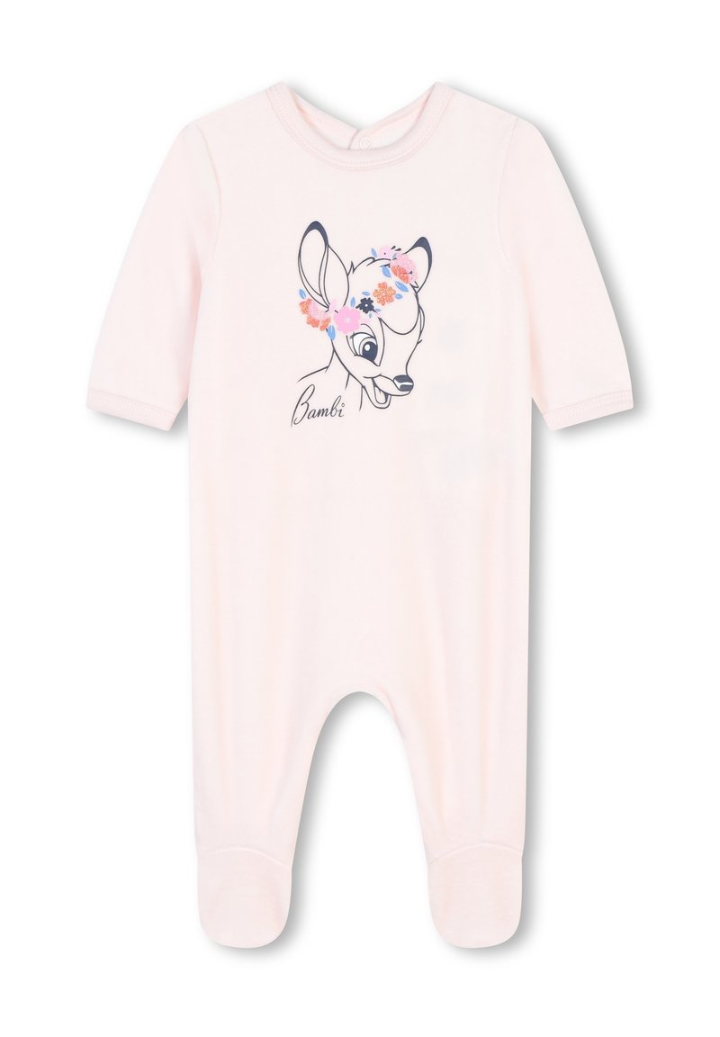 Un body rose clair en tissu doux, mettant en avant une illustration de Bambi avec une couronne de fleurs. Avec manches longues et design à pieds pour garder au chaud.