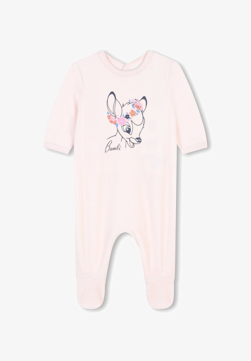 Un body rose clair en tissu doux, mettant en avant une illustration de Bambi avec une couronne de fleurs. Avec manches longues et design à pieds pour garder au chaud.