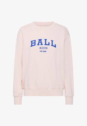Világos rózsaszín pulóver kerek nyakkivágással, bordázott mandzsetta és alj. A kék nyomtatott grafika tartalmazza a 'BALL 1974 THE JEANS' feliratot.