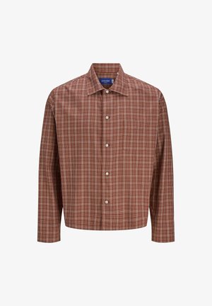 Rot-braun kariertes Kurzarmhemd mit spitzem Kragen, langen Ärmeln und weißen Knöpfen, aus leichtem, strukturiertem Stoff.