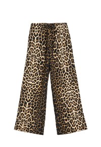 Luchtige brede broek met luipaardprint in lichte stof met een zwarte achtergrond, voorzien van een trekkoord in de taille en een soepele textuur.