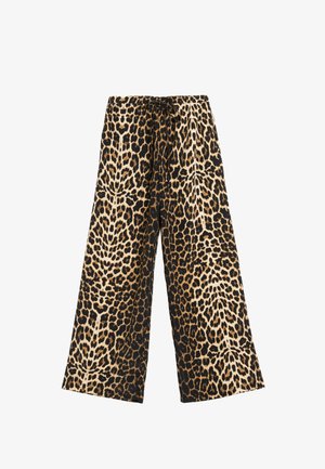 Leopardenmuster weite Bein pants aus leichtem Stoff mit schwarzem Hintergrund, mit einer Kordelzug-Taille und einer glatten Textur.