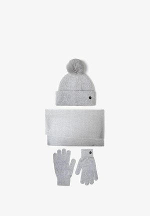 Light gray knit winter set with pom-pom beanie, long scarf, and pair of gloves, all featuring small black circular logos.