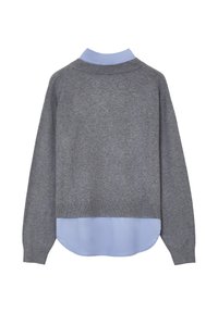 Maglione grigio con una camicia a collare blu sotto. Presenta un collo rotondo, maniche lunghe e un orlo curvo. Tessuto morbido.