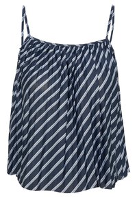 Marineblaues ärmelloses Top mit weißen diagonalen Streifen, das ein gerafftes Design und dünne verstellbare Träger hat. Leichter, fließender Stoff.